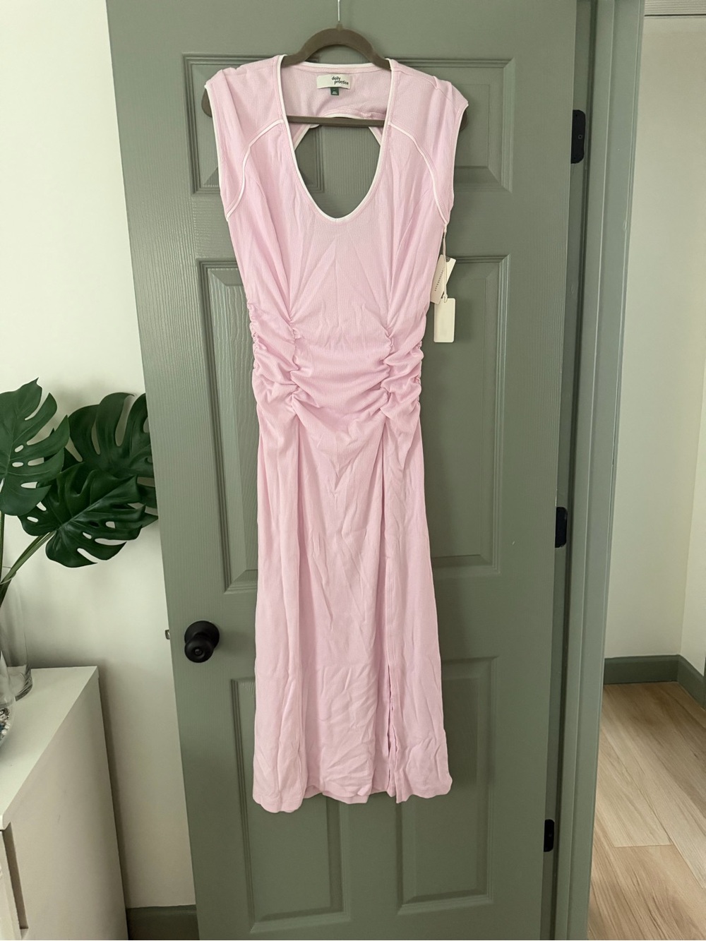 Ruched Scoop-Neck Midi Dress in Light Pink